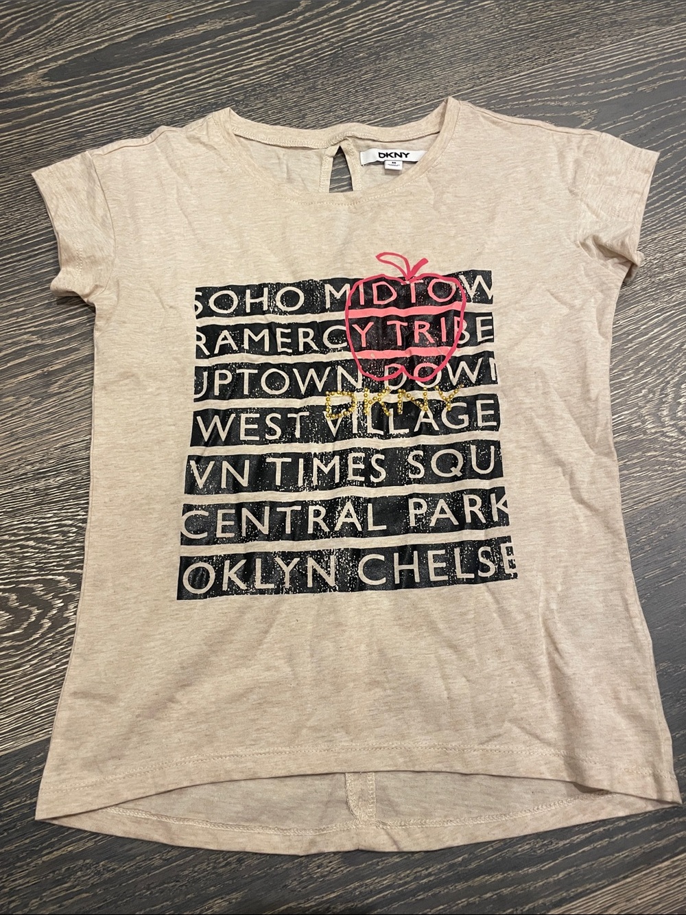 Dkny Cream Short-Sleeve Tee with Black Graphic and Pink Apple